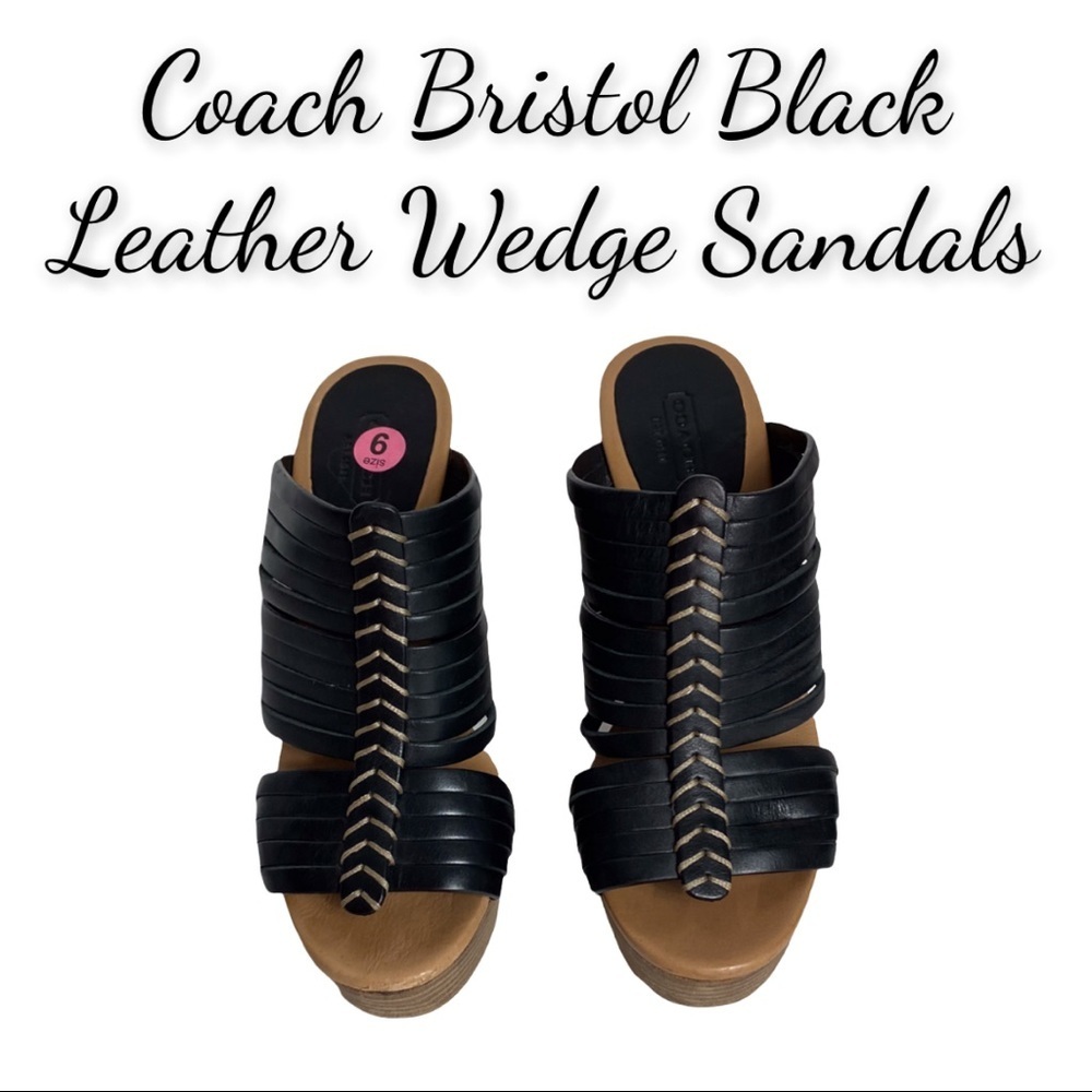 Coach Bristol Black Leather Wedge Sandals